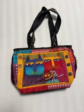 Laurel Burch Colorful Cat Canvas Tote Bag Whimsical Art Purse